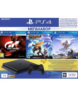  Игровая приставка Sony PlayStation 4 Slim 1TB Black (CUH-2208B) + Gran Turismo: Sport (с поддержкой VR) (PS4) + Ratchet & Clank (PS4) + Horizon Zero Dawn. Complete Edition (PS4) + PS Plus 90 дней